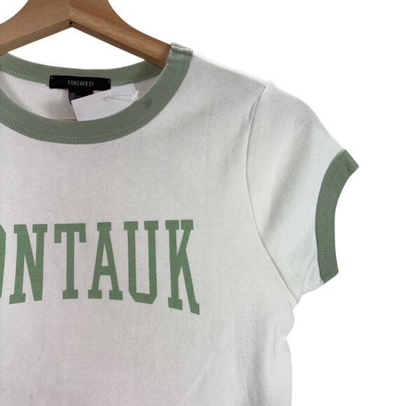 Forever 21 Montauk Ringer T-Shirt Crop Top White Green Short Sleeve Womens S - Picture 4 of 10
